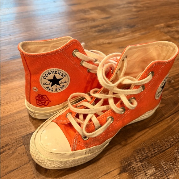 Orange High-Top Converse All Stars with Floral Design - Picture 3 of 5